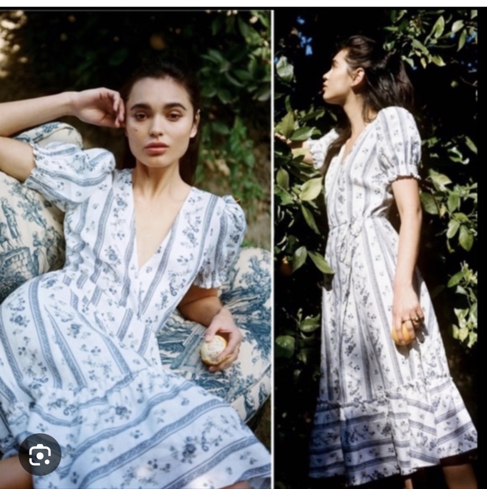 Reformation White and Blue Puff Sleeve V-Neck Midi Dress